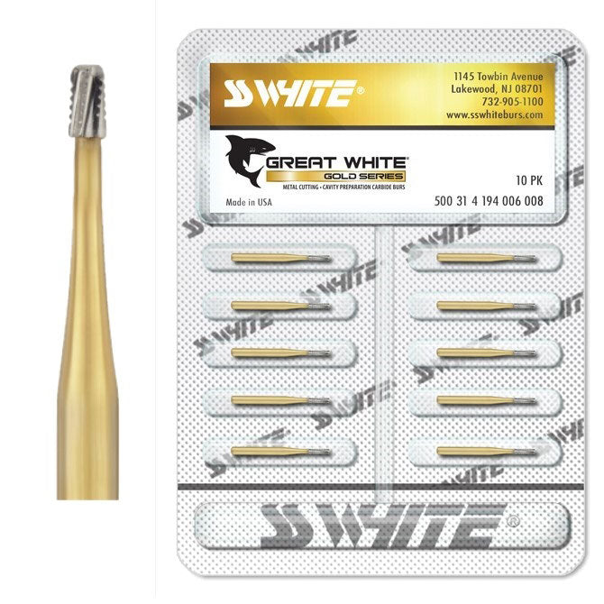SS White 15061 Friction Grip FG #GW1 Great White Gold Pear Shaped Carbide Burs 10/Pk SS White 15061 Friction Grip FG #GW1 Great White Gold Pear Shaped Carbide Burs 10/Pk